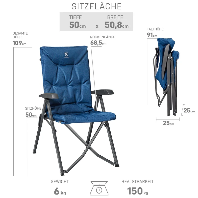 EVER ADVANCED Campingstuhl Faltbar Rückenverstellbar in 4 Positionen 150 KG Belastbarkeit Klappstuhl Luxus 6cm Dicke Gepolstert Gartenstuhl Hohe Lehne Angelstuhl für Camp Garten Balkon Alu+Stahl