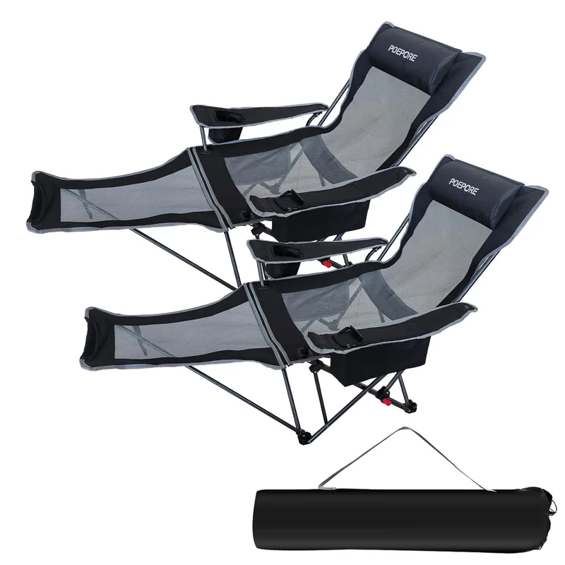 POEPORE Campingstuhl 2er Set Faltbar mit Fußstütze 4-Fach Campingstühle Strandstuhl Liegestuhl für Erwachsene 120kg Verstellbarer Klappbarer Angelstuhl mit Kühltasche Kissen Getränkehalter Schwarz