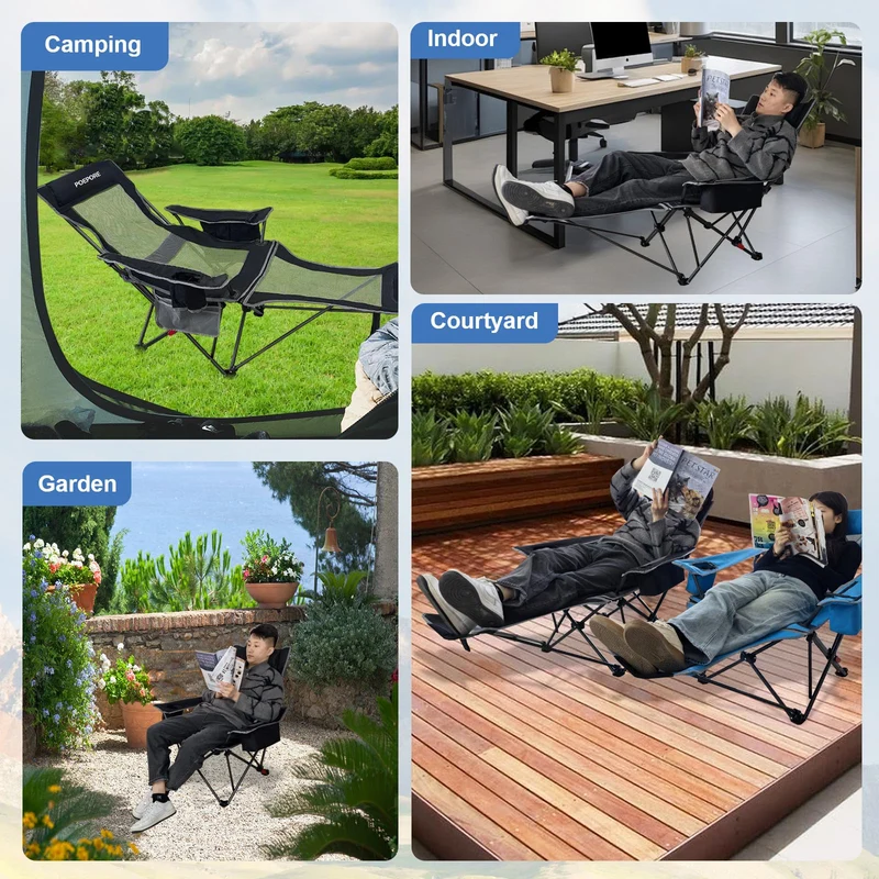 POEPORE Campingstuhl 2er Set Faltbar mit Fußstütze 4-Fach Campingstühle Strandstuhl Liegestuhl für Erwachsene 120kg Verstellbarer Klappbarer Angelstuhl mit Kühltasche Kissen Getränkehalter Schwarz