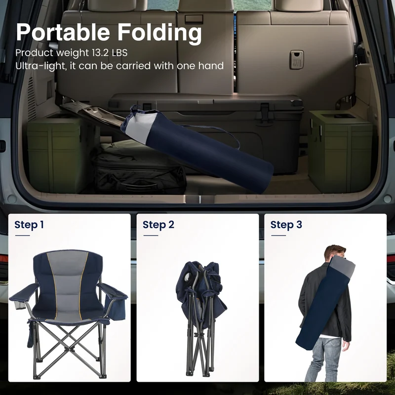 HIGH POINT SPORTS Campingstuhl Faltbar bis 200kg Klappstuhl Gepolstert mit Getränkehaltern Angelstuhl mit Armlehnen Outdoorstuhl, Blau