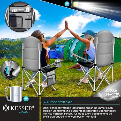 KESSER® Campingstuhl faltbar bis 150 kg Angelstuhl Faltstuhl Klappstuhl Gepolstert mit Armlehnen, hohe Rückenlehne Strandstuhl, Klapphocker inkl. Campinglicht Getränkehalter Tasche & Becher Grau