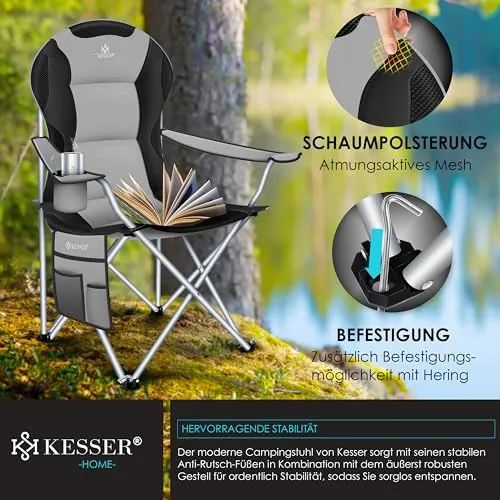 KESSER® Campingstuhl faltbar bis 150 kg Angelstuhl Faltstuhl Klappstuhl Gepolstert mit Armlehnen, hohe Rückenlehne Strandstuhl, Klapphocker inkl. Campinglicht Getränkehalter Tasche & Becher Grau