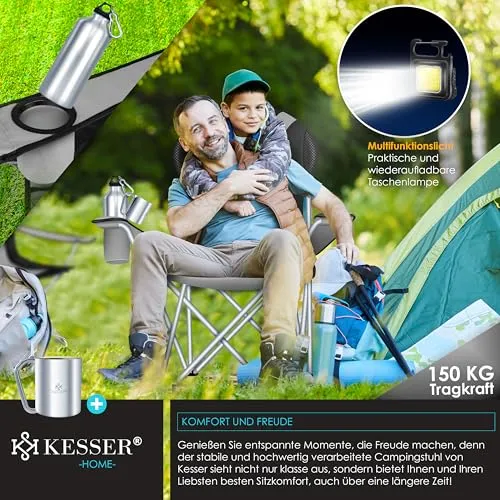 KESSER® Campingstuhl faltbar bis 150 kg Angelstuhl Faltstuhl Klappstuhl Gepolstert mit Armlehnen, hohe Rückenlehne Strandstuhl, Klapphocker inkl. Campinglicht Getränkehalter Tasche & Becher Grau