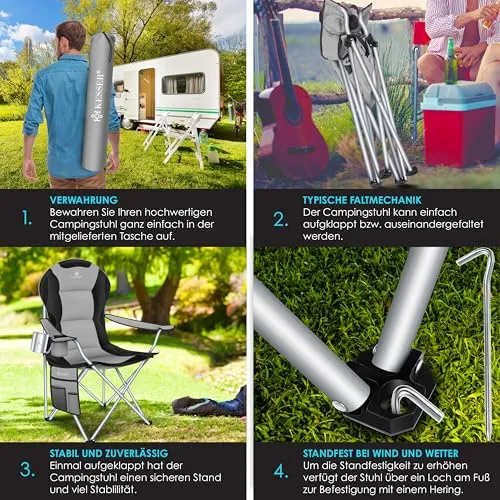 KESSER® Campingstuhl faltbar bis 150 kg Angelstuhl Faltstuhl Klappstuhl Gepolstert mit Armlehnen, hohe Rückenlehne Strandstuhl, Klapphocker inkl. Campinglicht Getränkehalter Tasche & Becher Grau