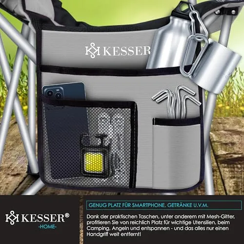 KESSER® Campingstuhl faltbar bis 150 kg Angelstuhl Faltstuhl Klappstuhl Gepolstert mit Armlehnen, hohe Rückenlehne Strandstuhl, Klapphocker inkl. Campinglicht Getränkehalter Tasche & Becher Grau
