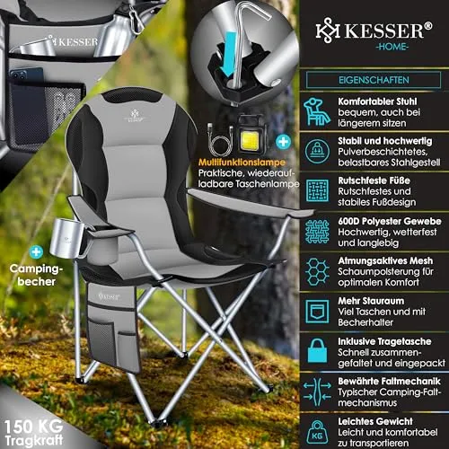 KESSER® Campingstuhl faltbar bis 150 kg Angelstuhl Faltstuhl Klappstuhl Gepolstert mit Armlehnen, hohe Rückenlehne Strandstuhl, Klapphocker inkl. Campinglicht Getränkehalter Tasche & Becher Grau