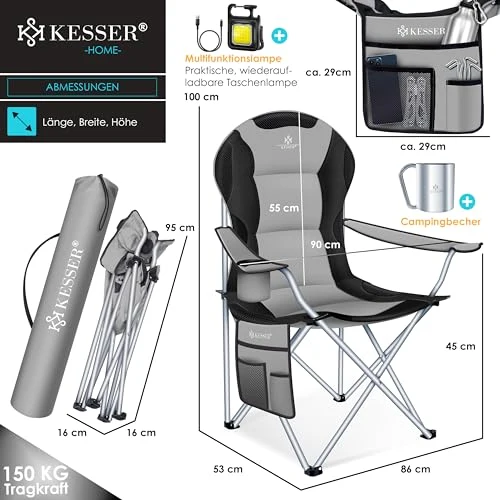 KESSER® Campingstuhl faltbar bis 150 kg Angelstuhl Faltstuhl Klappstuhl Gepolstert mit Armlehnen, hohe Rückenlehne Strandstuhl, Klapphocker inkl. Campinglicht Getränkehalter Tasche & Becher Grau