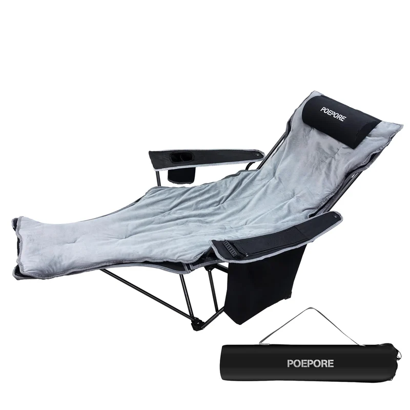 POEPORE Campingstuhl Faltbar mit Fußstütze 4-Fach Campingstühle Strandstuhl Liegestuhl für Erwachsene 120kg Klappbarer Angelstuhl mit Kühltasche Wattepad Kissen Getränkehalter Schwarz