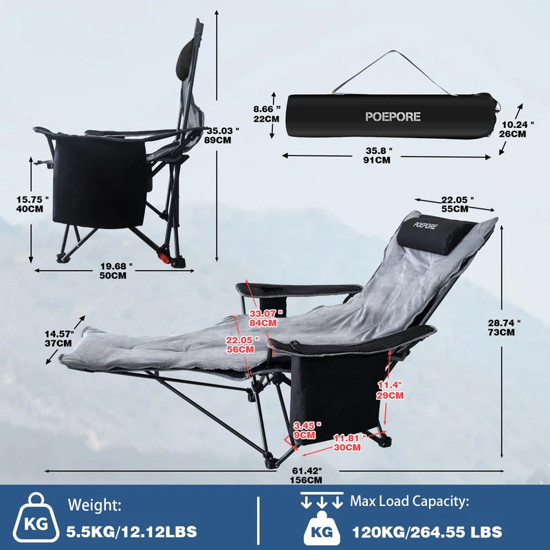 POEPORE Campingstuhl Faltbar mit Fußstütze 4-Fach Campingstühle Strandstuhl Liegestuhl für Erwachsene 120kg Klappbarer Angelstuhl mit Kühltasche Wattepad Kissen Getränkehalter Schwarz
