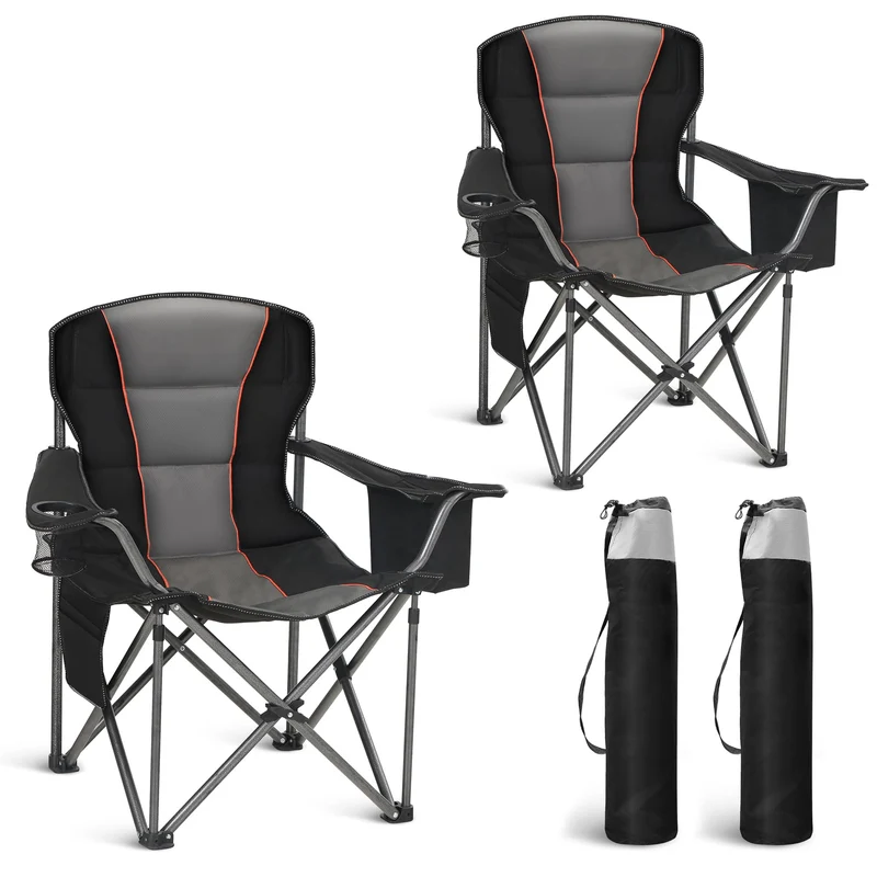 HIGH POINT SPORTS Campingstuhl Faltbar 2er Set 200kg Klappstuhl Gepolstert mit Getränkehaltern Faltbarer Angelstuhl XXL mit Armlehnen Outdoorstuhl Schwarz