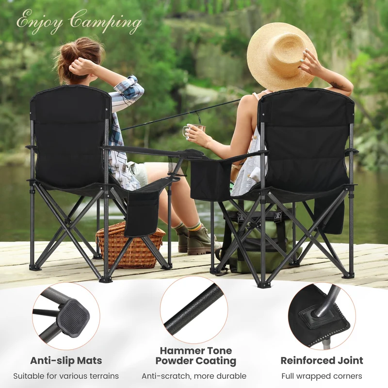 HIGH POINT SPORTS Campingstuhl Faltbar 2er Set 200kg Klappstuhl Gepolstert mit Getränkehaltern Faltbarer Angelstuhl XXL mit Armlehnen Outdoorstuhl Schwarz