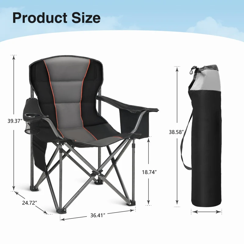 HIGH POINT SPORTS Campingstuhl Faltbar 2er Set 200kg Klappstuhl Gepolstert mit Getränkehaltern Faltbarer Angelstuhl XXL mit Armlehnen Outdoorstuhl Schwarz
