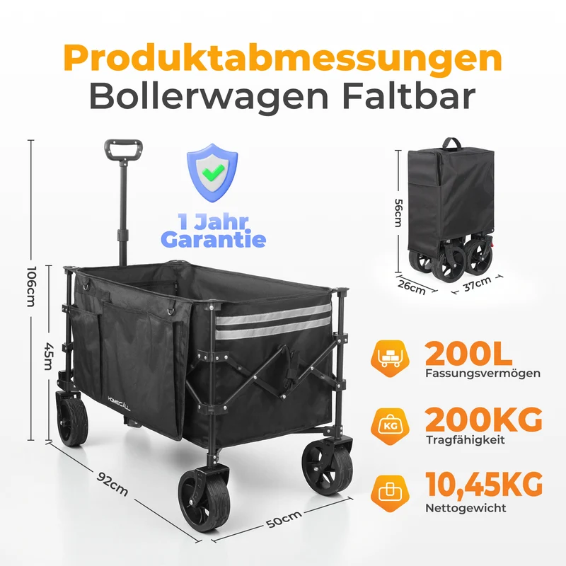 Faltbarer Bollerwagen Handwagen Strandwagen 200L XXL-Volumen mit praktischer Kühltasche, Schwarz