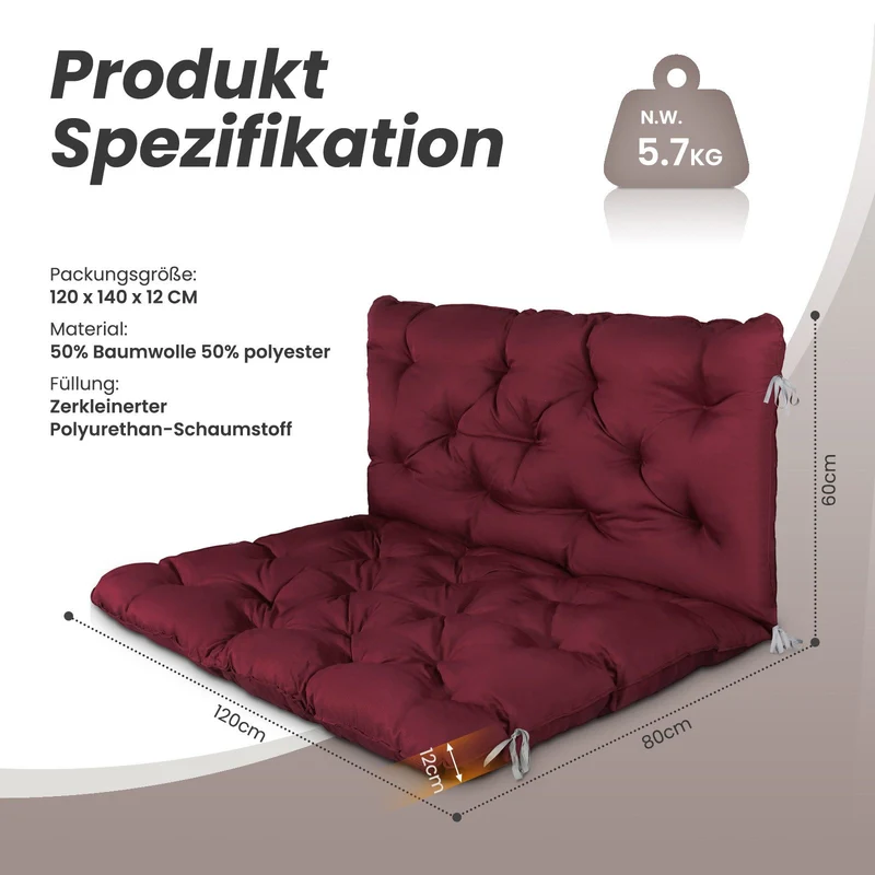 Dekokissen Palettenkissen Sitzauflage Sitzkissen mit Rückenlehne ca. 120 x 140 x 12cm, Rot