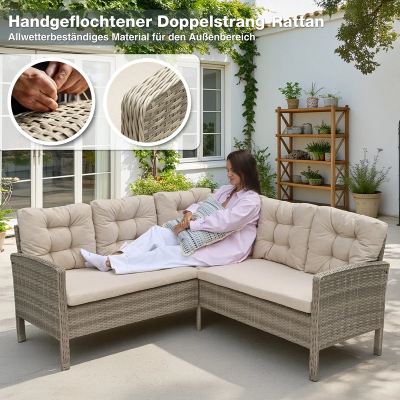 Gartenlounge-Set Dining Lounge mit Esstisch – Polyrattan Lounge für 5–6 Personen, wetterfest, inkl. Kissen & Glasplatte, Beige