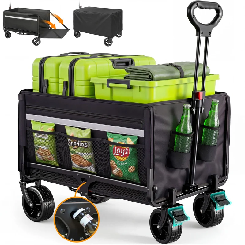 Faltbarer Bollerwagen Handwagen bis 150 kg – Strandwagen mit Dach, 120 L+ Volumen, Campingwagen mit Reflektorstreifen, Schwarz
