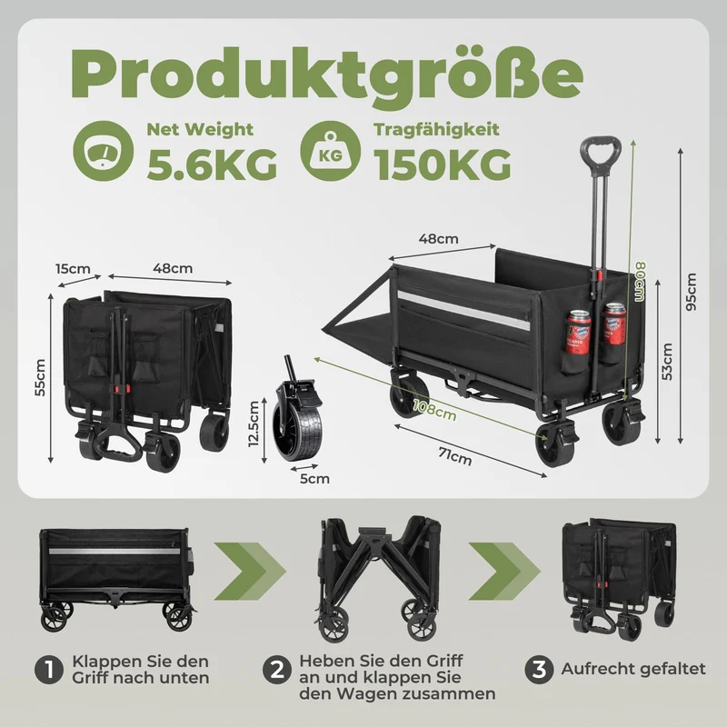 Faltbarer Bollerwagen Handwagen bis 150 kg – Strandwagen mit Dach, 120 L+ Volumen, Campingwagen mit Reflektorstreifen, Schwarz