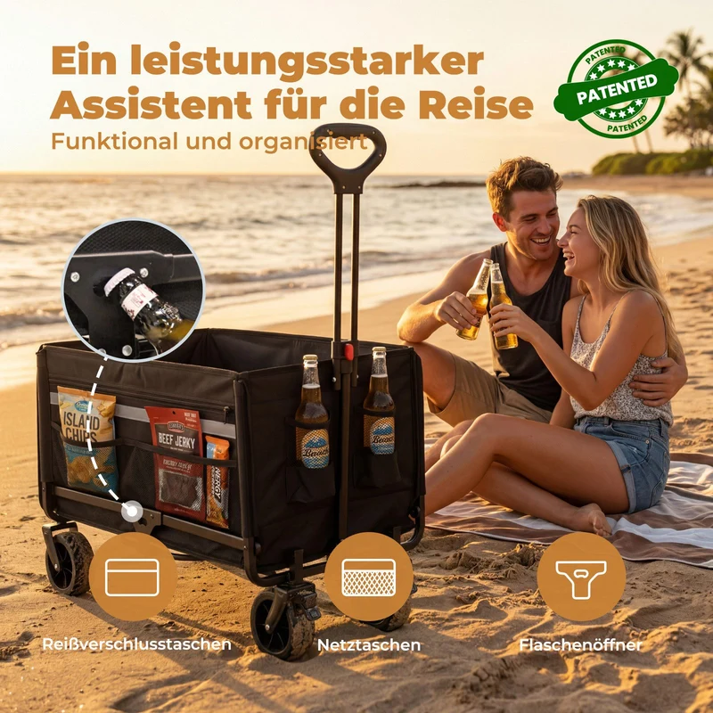 Faltbarer Bollerwagen Handwagen bis 150 kg – Strandwagen mit Dach, 120 L+ Volumen, Campingwagen mit Reflektorstreifen, Schwarz