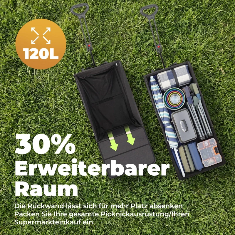 Faltbarer Bollerwagen Handwagen bis 150 kg – Strandwagen mit Dach, 120 L+ Volumen, Campingwagen mit Reflektorstreifen, Schwarz