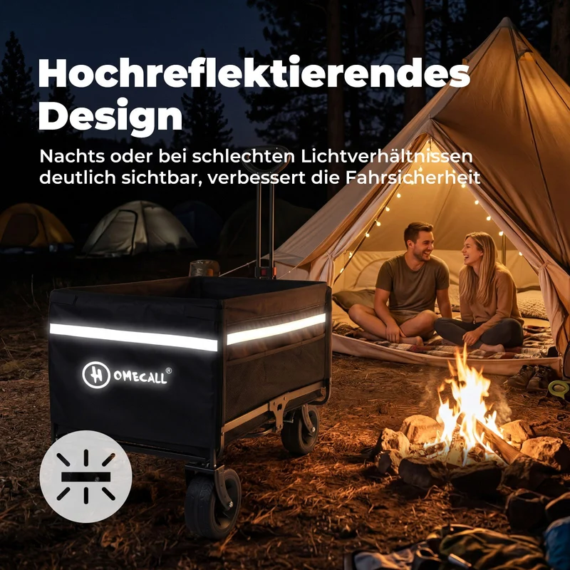 Faltbarer Bollerwagen Handwagen bis 150 kg – Strandwagen mit Dach, 120 L+ Volumen, Campingwagen mit Reflektorstreifen, Schwarz