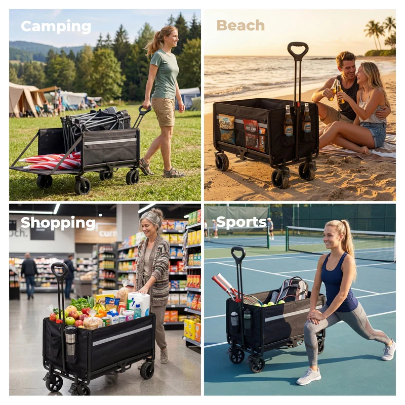 Faltbarer Bollerwagen Handwagen bis 150 kg – Strandwagen mit Dach, 120 L+ Volumen, Campingwagen mit Reflektorstreifen, Schwarz