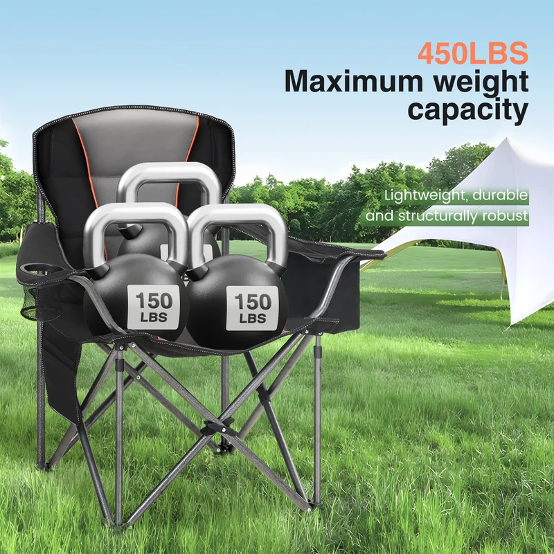 HIGH POINT SPORTS Campingstuhl Faltbar 200kg Klappstuhl Gepolstert mit Getränkehaltern Faltbarer Angelstuhl XXL mit Armlehnen, Schwarz