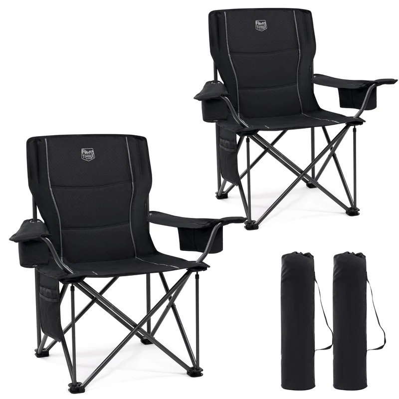 TIMBER RIDGE XXL Campingstuhl Faltbar 2er 200KG Belastbar Übergroßer Bequem Gepolster Klappstuhl Camp Garten Balkon Strand Camping Stuhl Sessel Gartenstuhl Anglerstuhl Regiestuhl Schwarz