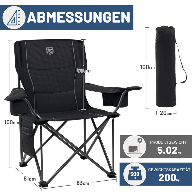 TIMBER RIDGE XXL Campingstuhl Faltbar 2er 200KG Belastbar Übergroßer Bequem Gepolster Klappstuhl Camp Garten Balkon Strand Camping Stuhl Sessel Gartenstuhl Anglerstuhl Regiestuhl Schwarz
