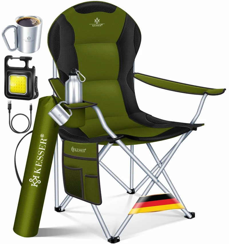 KESSER® Campingstuhl faltbar bis 150 kg Angelstuhl Faltstuhl Klappstuhl Gepolstert mit Armlehnen, hohe Rückenlehne Strandstuhl, Klapphocker inkl. Campinglicht Getränkehalter Tasche & Becher Khaki