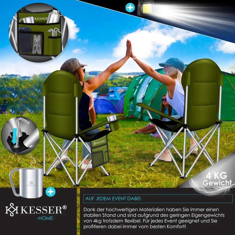 KESSER® Campingstuhl faltbar bis 150 kg Angelstuhl Faltstuhl Klappstuhl Gepolstert mit Armlehnen, hohe Rückenlehne Strandstuhl, Klapphocker inkl. Campinglicht Getränkehalter Tasche & Becher Khaki