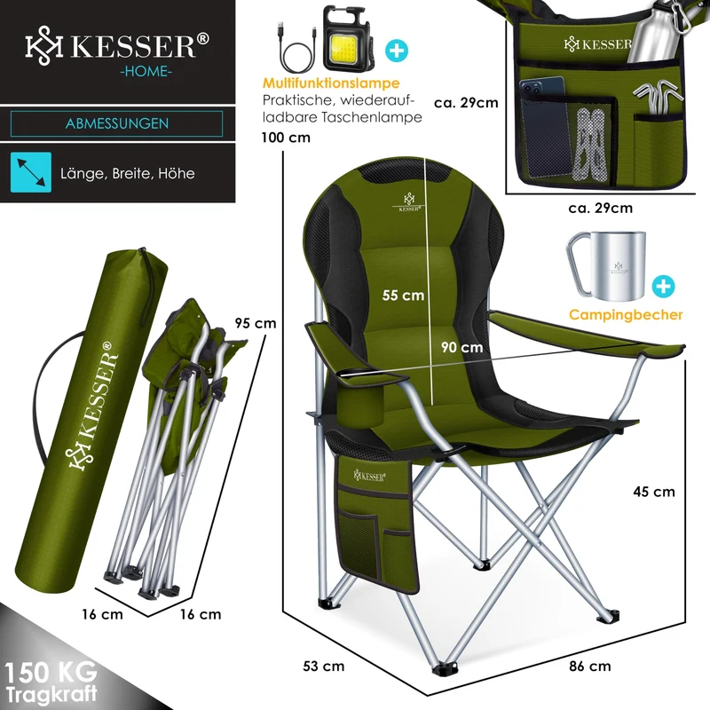 KESSER® Campingstuhl faltbar bis 150 kg Angelstuhl Faltstuhl Klappstuhl Gepolstert mit Armlehnen, hohe Rückenlehne Strandstuhl, Klapphocker inkl. Campinglicht Getränkehalter Tasche & Becher Khaki