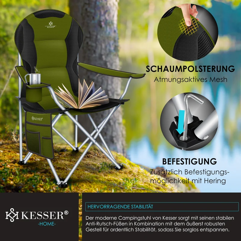 KESSER® Campingstuhl faltbar bis 150 kg Angelstuhl Faltstuhl Klappstuhl Gepolstert mit Armlehnen, hohe Rückenlehne Strandstuhl, Klapphocker inkl. Campinglicht Getränkehalter Tasche & Becher Khaki