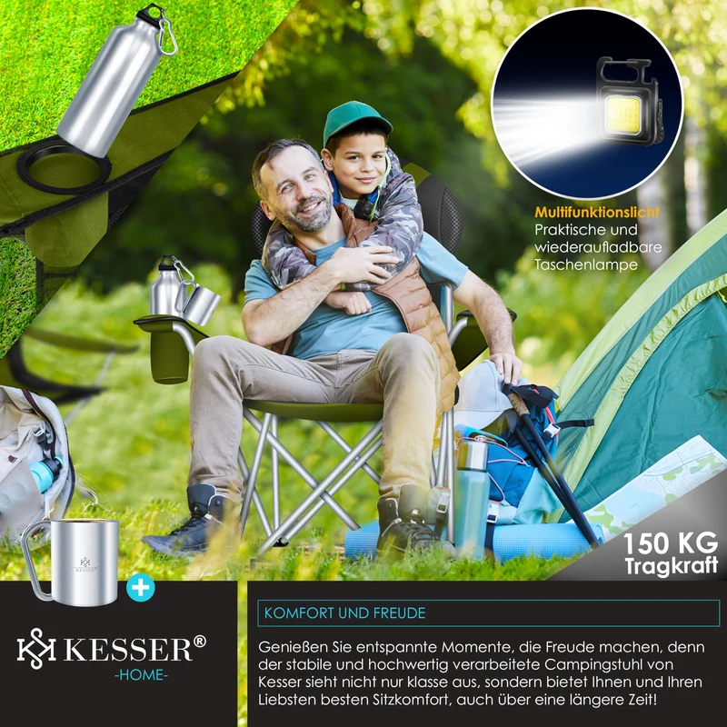 KESSER® Campingstuhl faltbar bis 150 kg Angelstuhl Faltstuhl Klappstuhl Gepolstert mit Armlehnen, hohe Rückenlehne Strandstuhl, Klapphocker inkl. Campinglicht Getränkehalter Tasche & Becher Khaki