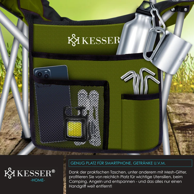 KESSER® Campingstuhl faltbar bis 150 kg Angelstuhl Faltstuhl Klappstuhl Gepolstert mit Armlehnen, hohe Rückenlehne Strandstuhl, Klapphocker inkl. Campinglicht Getränkehalter Tasche & Becher Khaki
