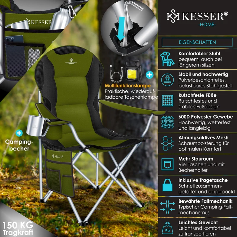 KESSER® Campingstuhl faltbar bis 150 kg Angelstuhl Faltstuhl Klappstuhl Gepolstert mit Armlehnen, hohe Rückenlehne Strandstuhl, Klapphocker inkl. Campinglicht Getränkehalter Tasche & Becher Khaki
