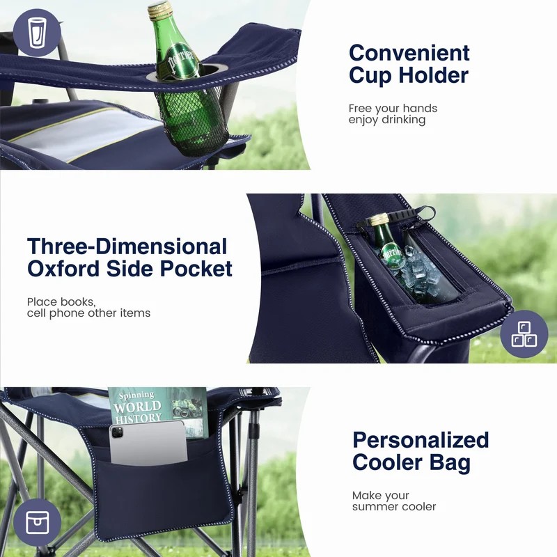 HIGH POINT SPORTS Camping Stuhl Faltbar bis 200kg Klappstuhl Gepolstert mit Getränkehaltern Angelstuhl mit Armlehnen Outdoorstuhl, Navy Blau