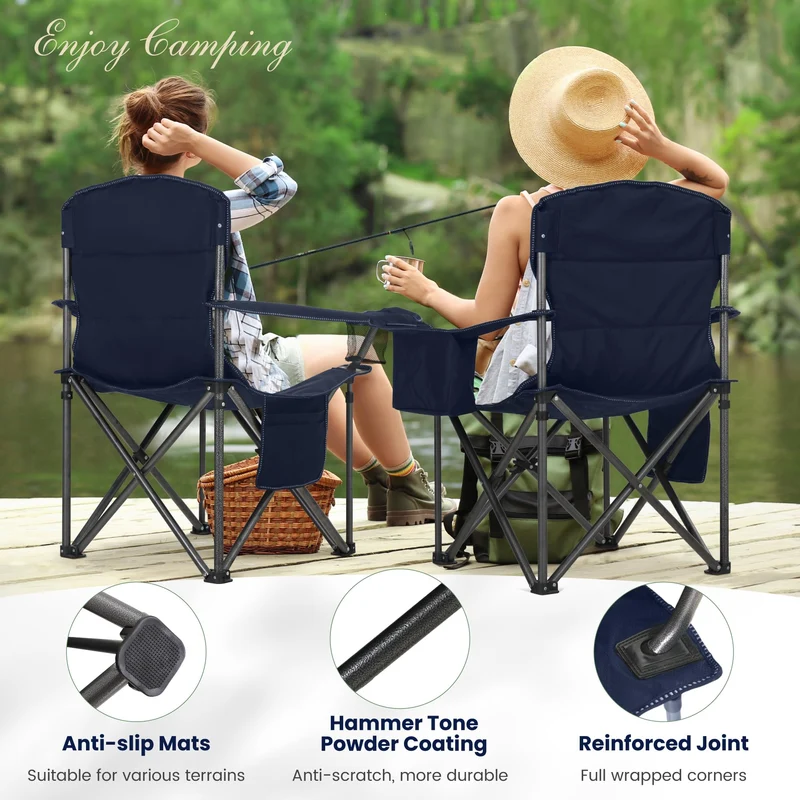 HIGH POINT SPORTS Camping Stuhl Faltbar bis 200kg Klappstuhl Gepolstert mit Getränkehaltern Angelstuhl mit Armlehnen Outdoorstuhl, Navy Blau