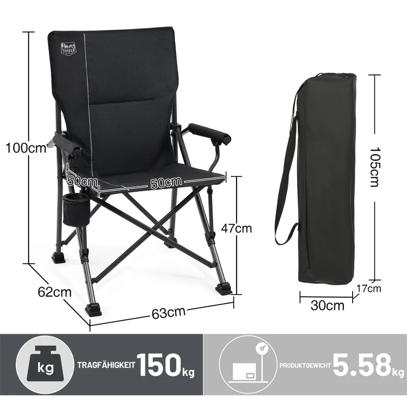 TIMBER RIDGE Campingstuhl faltbar 150kg hohe Rückenlehne Klappstuhl Camping tragbar mit Getränkehalter Harte Armlehne Angelstuhl für Picknick Garten Balkon und Sportveranstaltungen