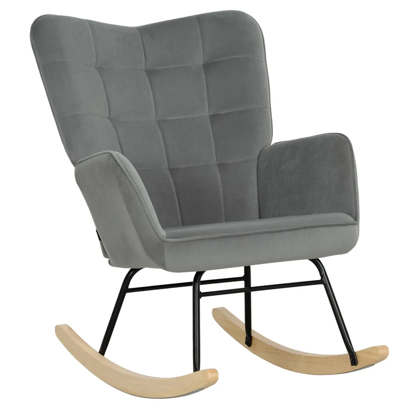 HOMCOM Schaukelstuhl, Schaukelsessel mit Samtoptik, Armlehne, Gepolsterter Sessel mit Holzkufen, Relaxsessel für Wohnzimmer, Schlafzimmer, bis 120kg belastbar, Dunkelgrau