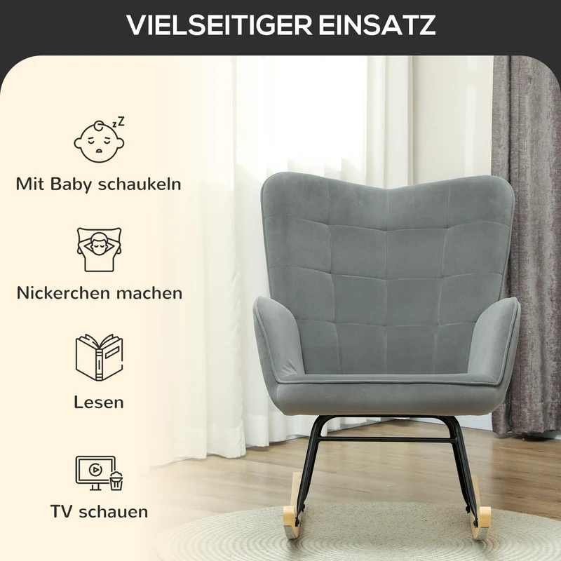 HOMCOM Schaukelstuhl, Schaukelsessel mit Samtoptik, Armlehne, Gepolsterter Sessel mit Holzkufen, Relaxsessel für Wohnzimmer, Schlafzimmer, bis 120kg belastbar, Dunkelgrau
