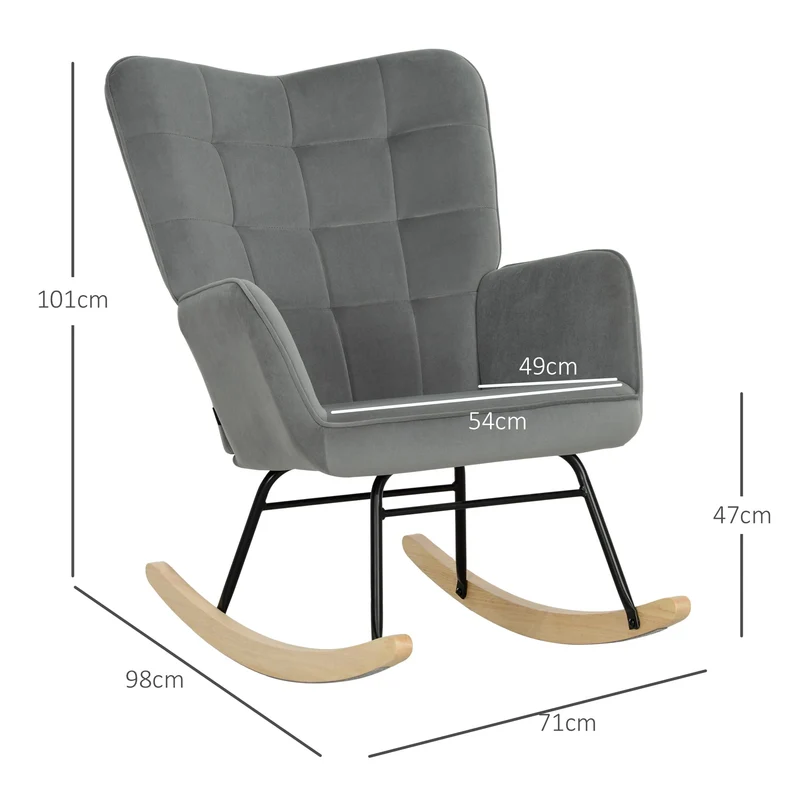HOMCOM Schaukelstuhl, Schaukelsessel mit Samtoptik, Armlehne, Gepolsterter Sessel mit Holzkufen, Relaxsessel für Wohnzimmer, Schlafzimmer, bis 120kg belastbar, Dunkelgrau