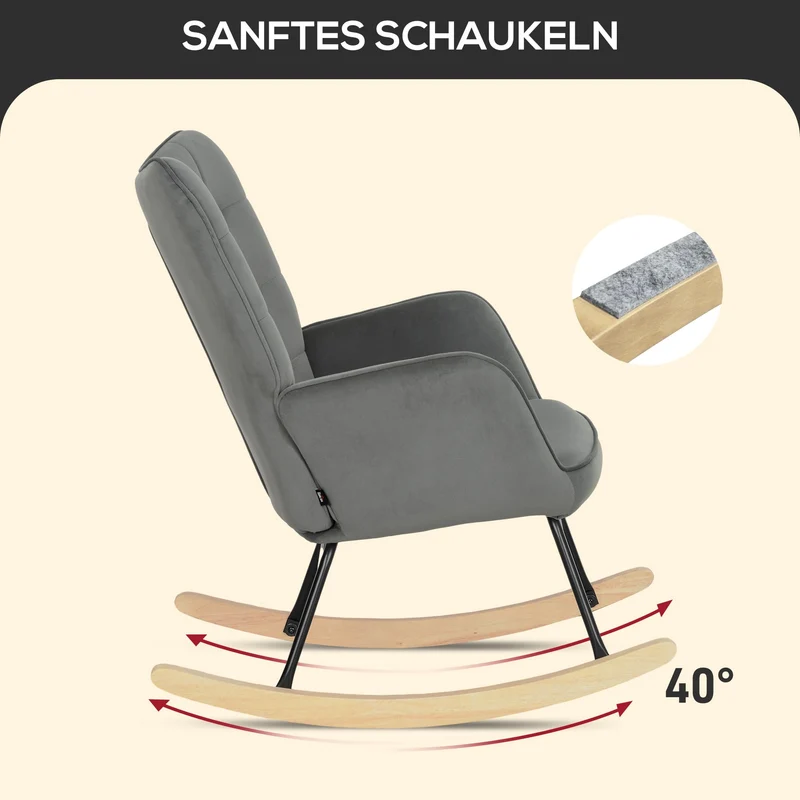 HOMCOM Schaukelstuhl, Schaukelsessel mit Samtoptik, Armlehne, Gepolsterter Sessel mit Holzkufen, Relaxsessel für Wohnzimmer, Schlafzimmer, bis 120kg belastbar, Dunkelgrau