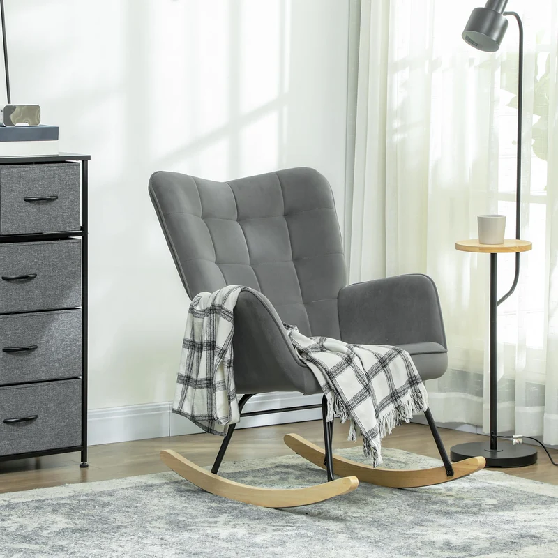 HOMCOM Schaukelstuhl, Schaukelsessel mit Samtoptik, Armlehne, Gepolsterter Sessel mit Holzkufen, Relaxsessel für Wohnzimmer, Schlafzimmer, bis 120kg belastbar, Dunkelgrau