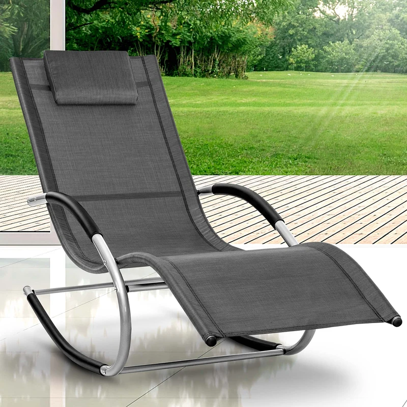 tillvex Relaxliege Gartenliege | Liegestuhl wetterfest | Schwungliege 150 kg Belastung | Sonnenliege atmungsaktiv (Anthrazit/Grau)