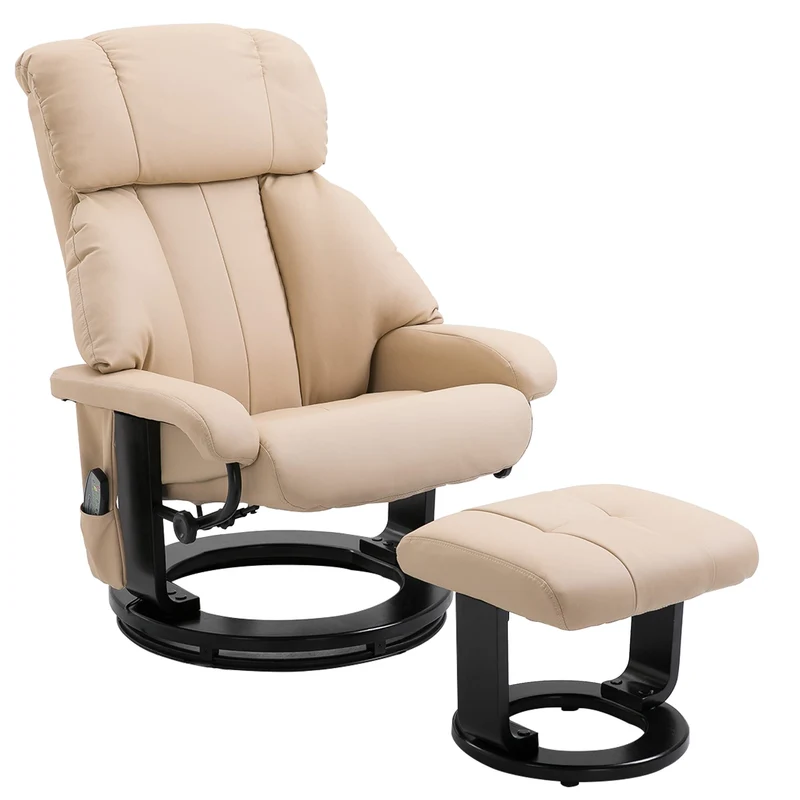 HOMCOM Relaxsessel mit Fußhocker, Massagesessel mit Liegefunktion, Elektrischer Liegesessel mit Fernbedienung, Fernsehsessel mit Seitentasche, Kunstleder, Cremeweiß