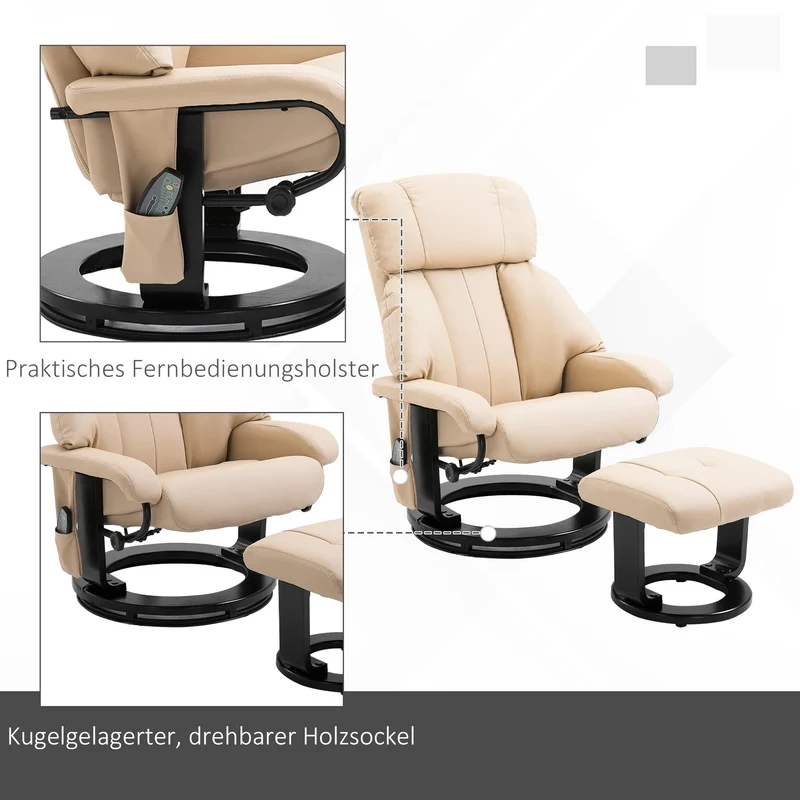 HOMCOM Relaxsessel mit Fußhocker, Massagesessel mit Liegefunktion, Elektrischer Liegesessel mit Fernbedienung, Fernsehsessel mit Seitentasche, Kunstleder, Cremeweiß