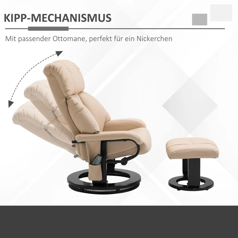 HOMCOM Relaxsessel mit Fußhocker, Massagesessel mit Liegefunktion, Elektrischer Liegesessel mit Fernbedienung, Fernsehsessel mit Seitentasche, Kunstleder, Cremeweiß
