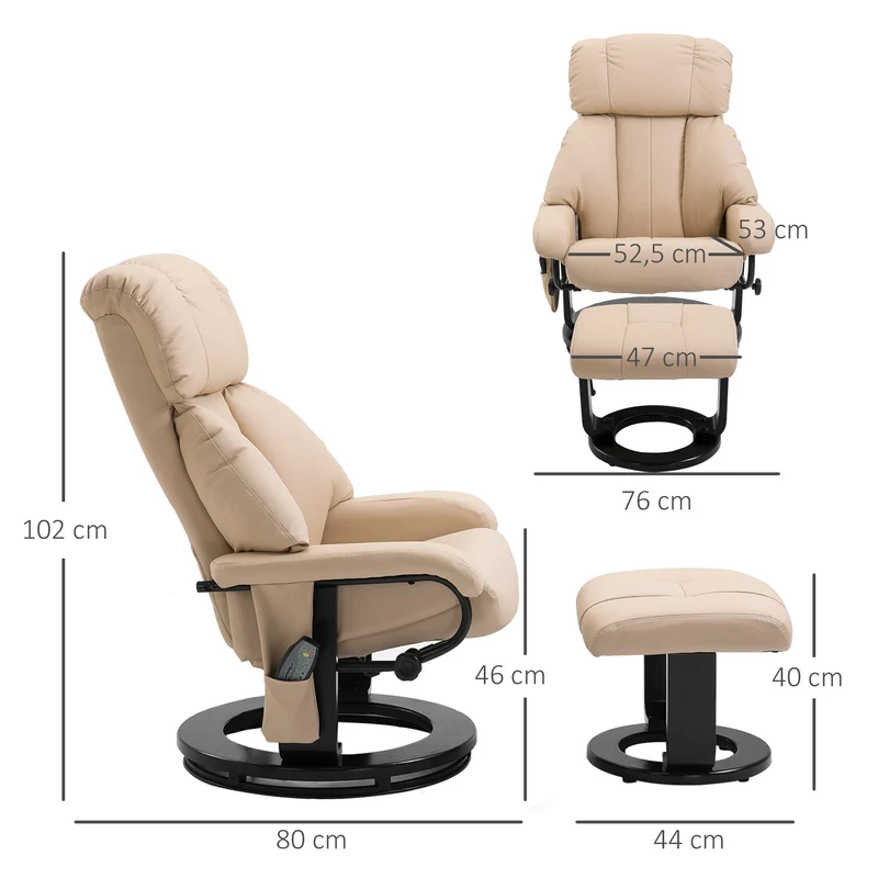 HOMCOM Relaxsessel mit Fußhocker, Massagesessel mit Liegefunktion, Elektrischer Liegesessel mit Fernbedienung, Fernsehsessel mit Seitentasche, Kunstleder, Cremeweiß