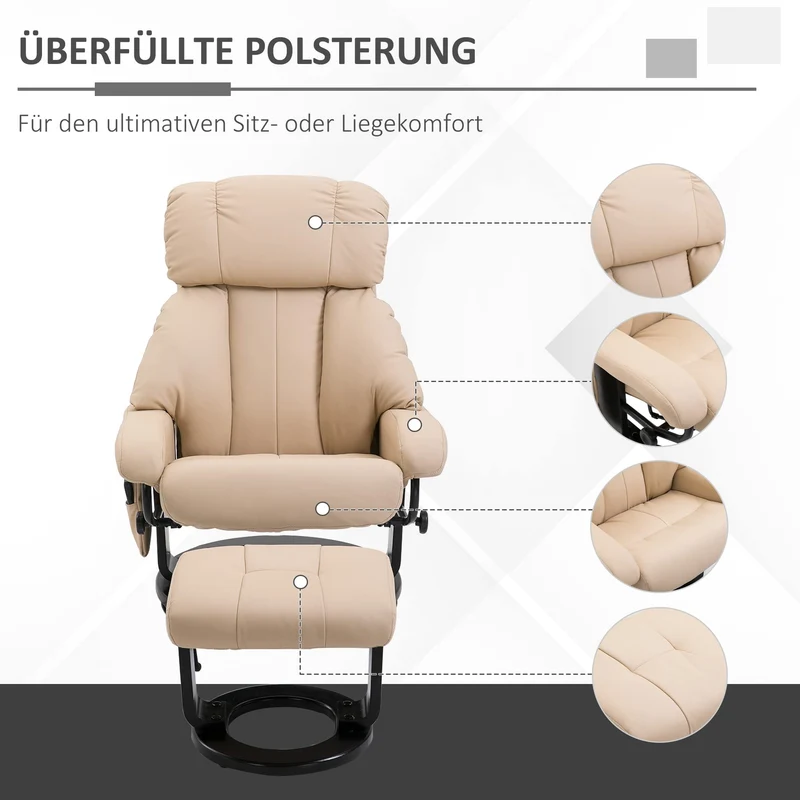 HOMCOM Relaxsessel mit Fußhocker, Massagesessel mit Liegefunktion, Elektrischer Liegesessel mit Fernbedienung, Fernsehsessel mit Seitentasche, Kunstleder, Cremeweiß