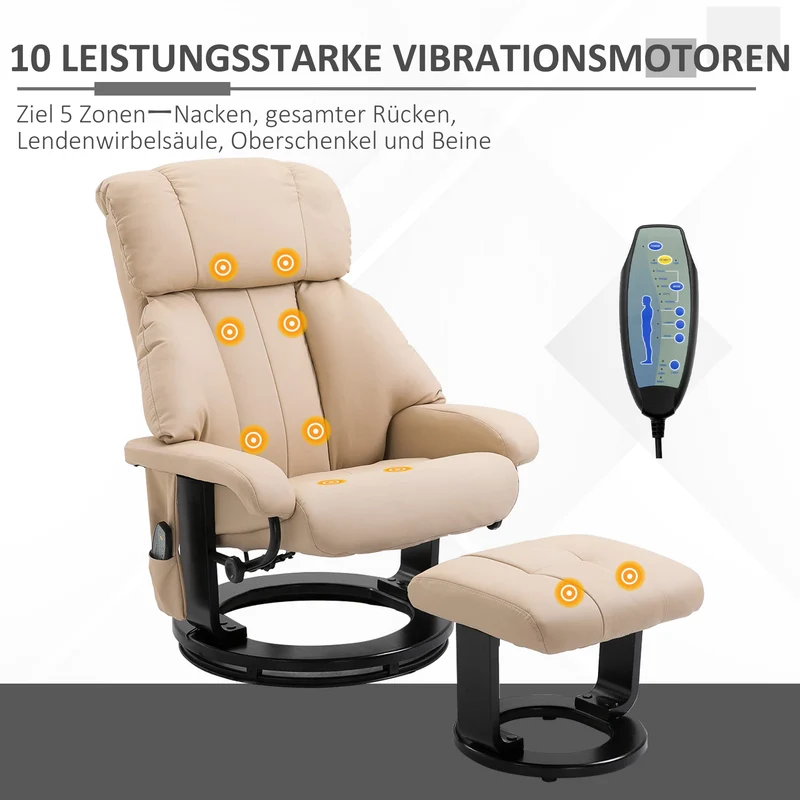 HOMCOM Relaxsessel mit Fußhocker, Massagesessel mit Liegefunktion, Elektrischer Liegesessel mit Fernbedienung, Fernsehsessel mit Seitentasche, Kunstleder, Cremeweiß